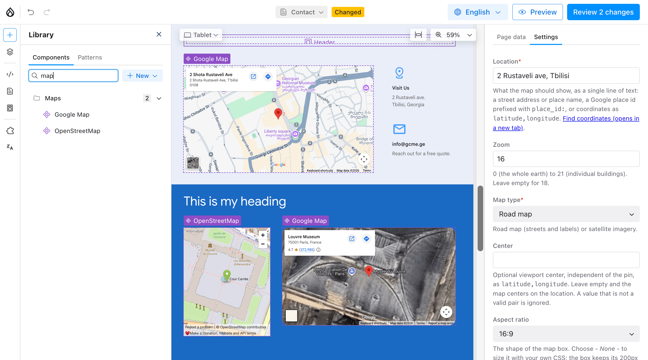 Google Map and OpenStreetMap components placed on a Drupal Canvas page.