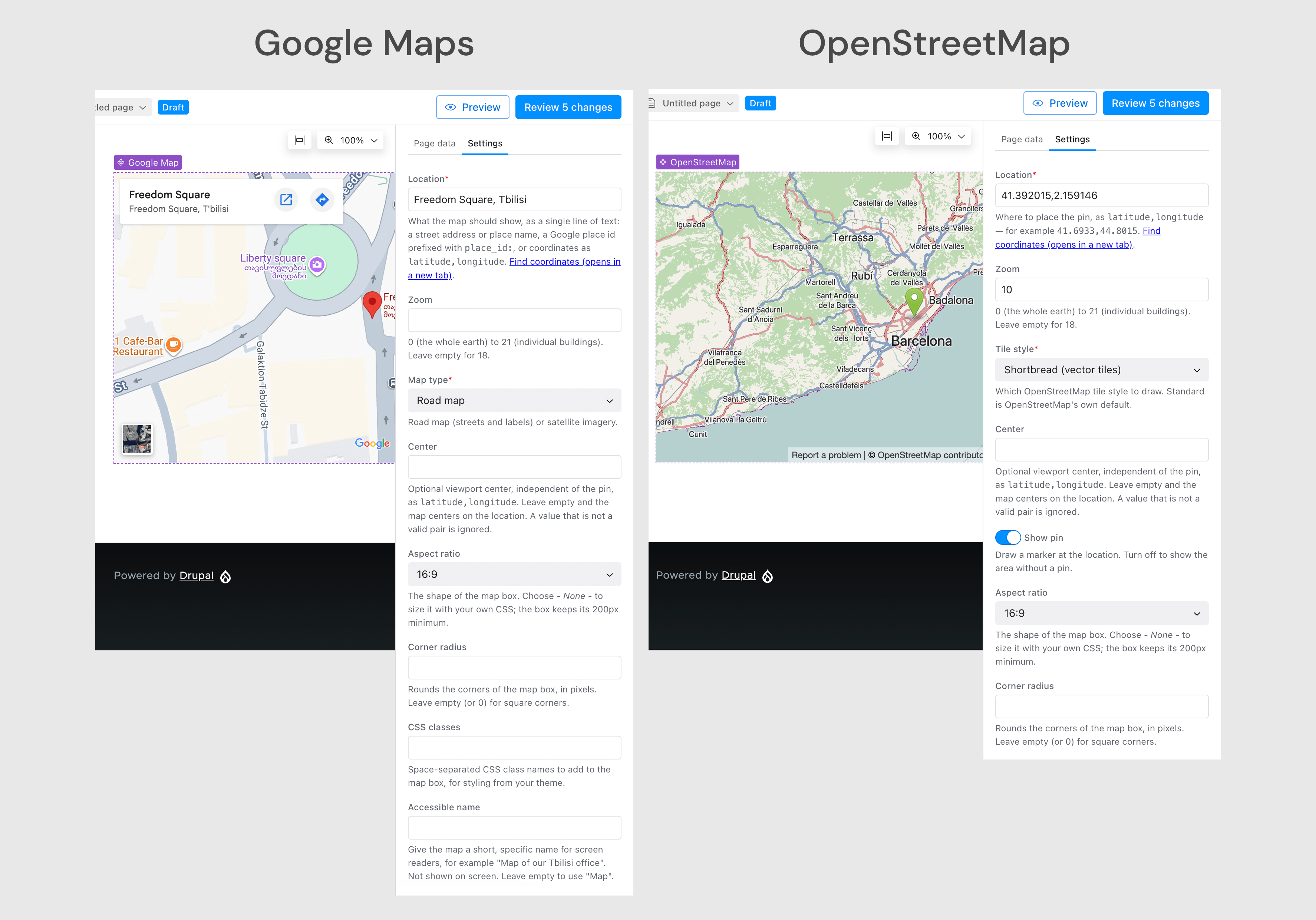 Map configuration controls in the Drupal Canvas editor.