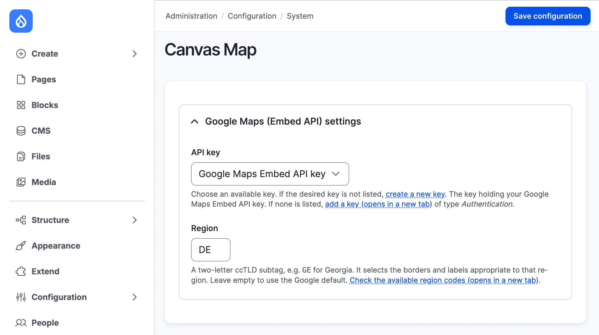 Google Maps provider settings for Canvas Map in Drupal.